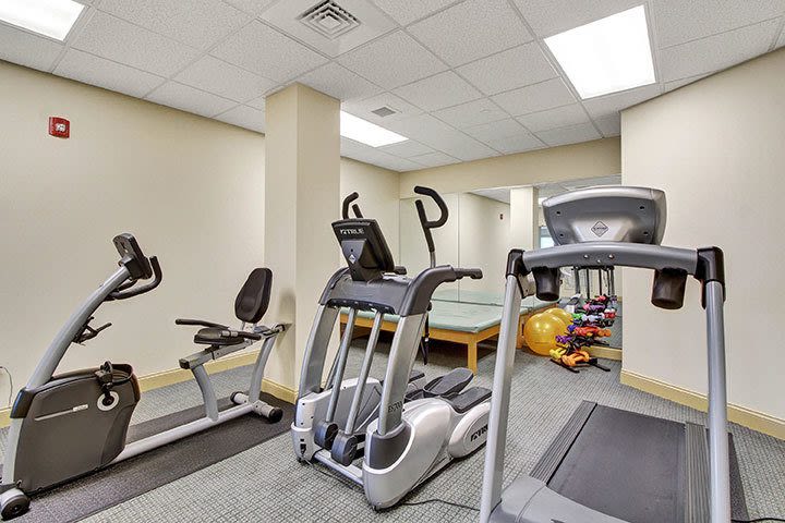 Small gym with treadmill and exercise equipment